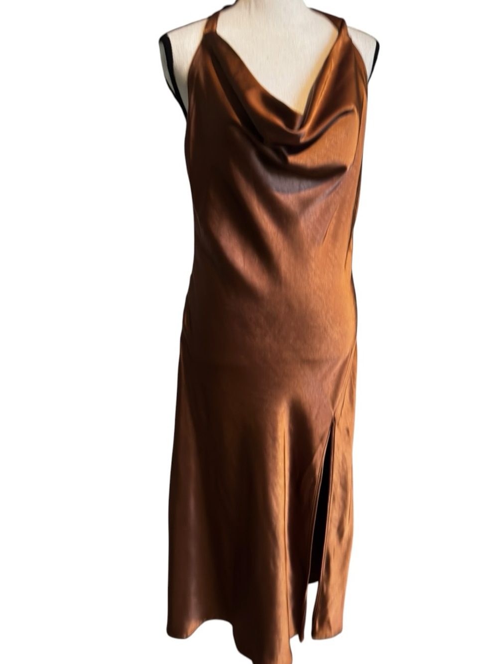 Lulus Sophisticated Impression Brown Satin Backless Cowl Midi Dress NWT –Size M - Picture 6 of 12